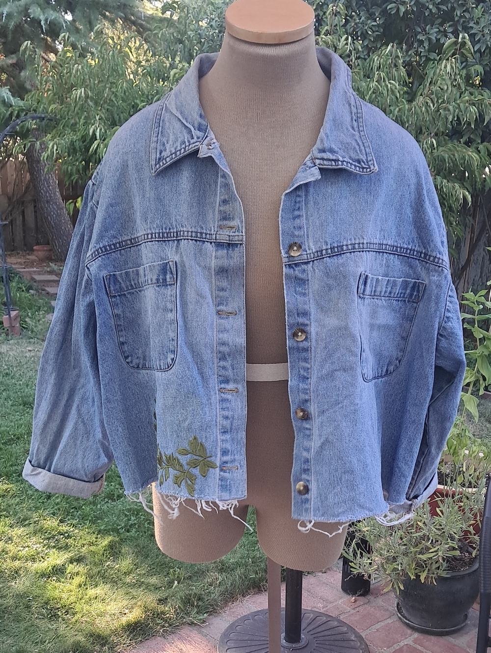 Cabin Creek Light Blue Washed Denim Jacket with Green Embroidery